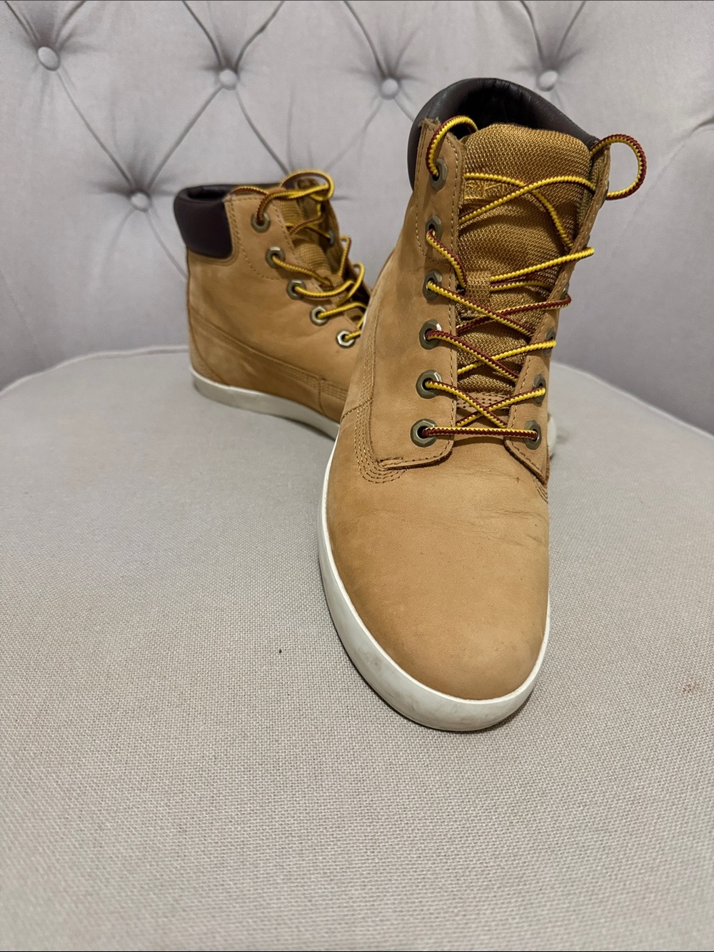 Timberland Woman Tan Casual High-Top Leather Sneakers in Size 10.